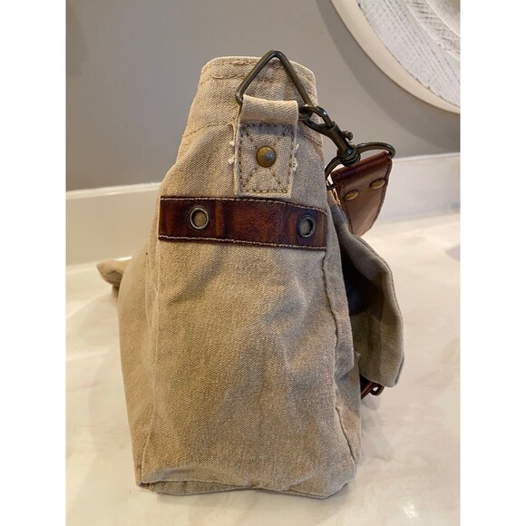 Boho Canvas & Leather Fleur De Lis Messenger Vintage Chic Look Crossbody Bag - Picture 4 of 11